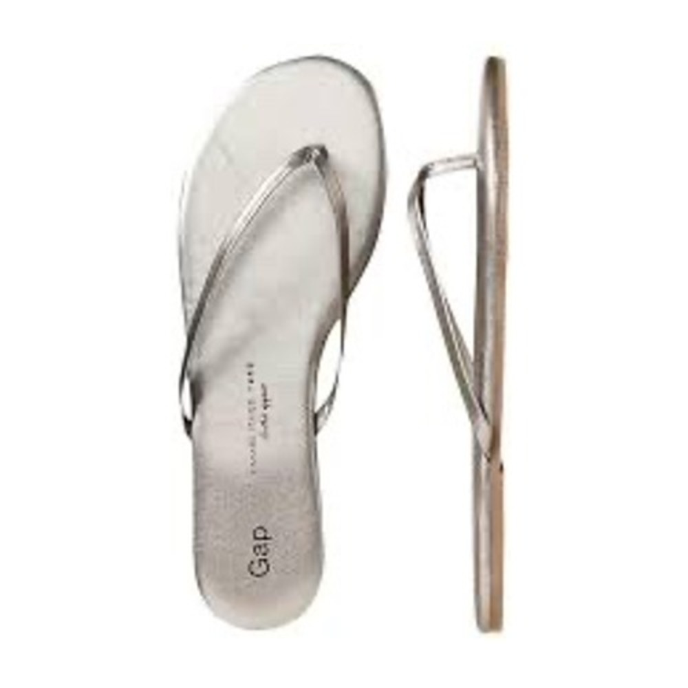 Gap Womens Metallic Silver Leather Thong Flip Flop Sandals Minimalist Flat Sole